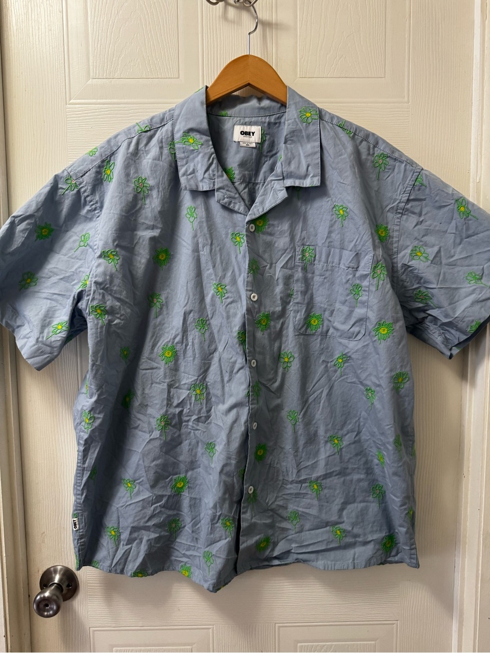 Obey Blue Short-Sleeve Button-Up Shirt with Green Floral Motif